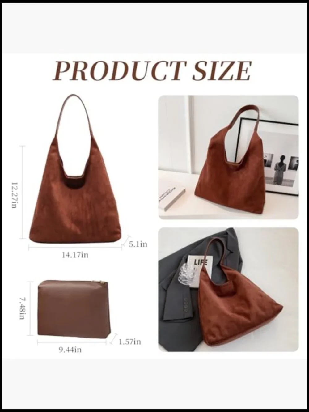 Slouchy Hobo Bag Faux Suede Tote Shoulder Handbag Retro Roomy